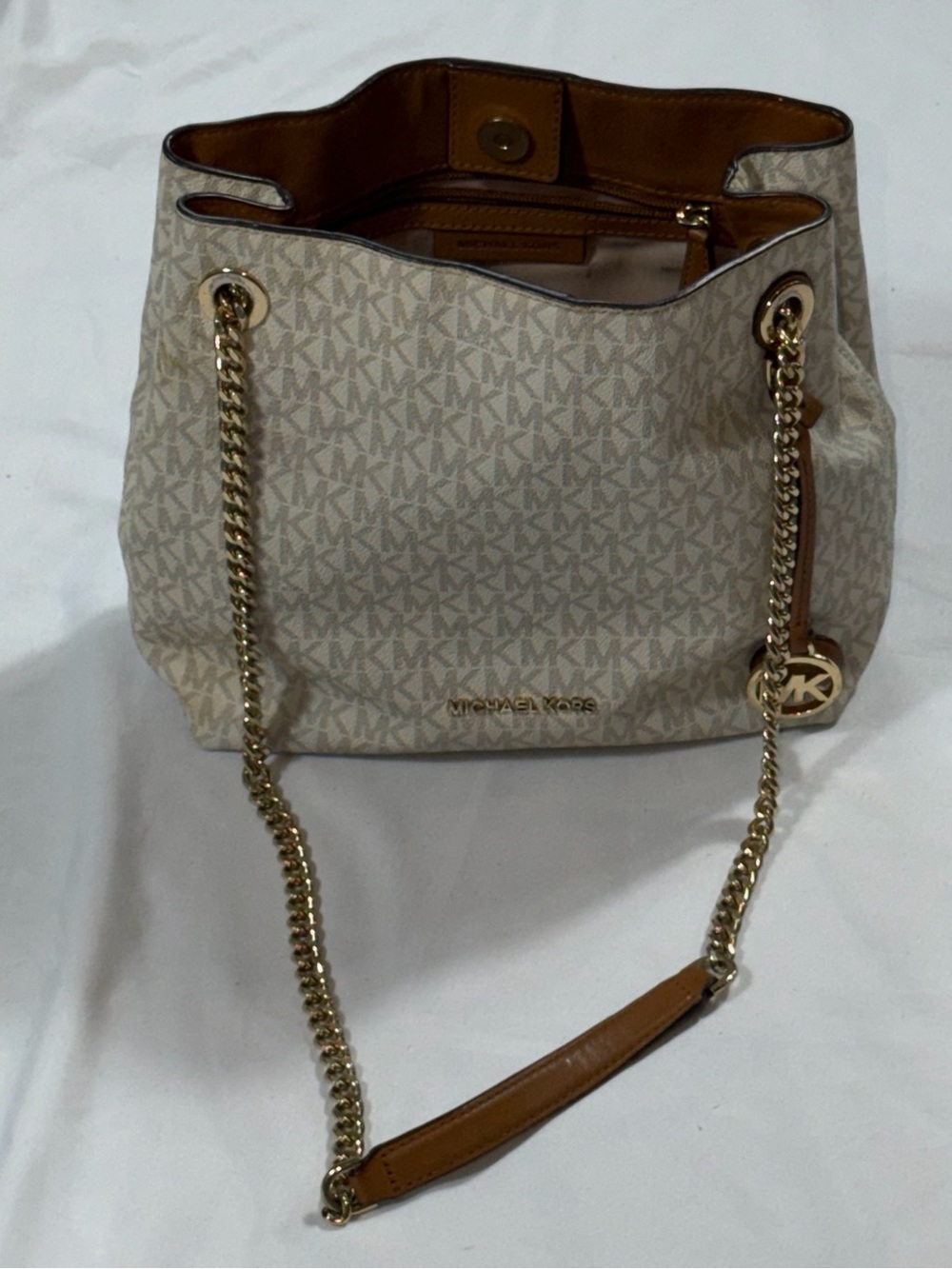Michael Kors Susannah Medium Vanilla MK Logo Chain Shoulder Tote Bag